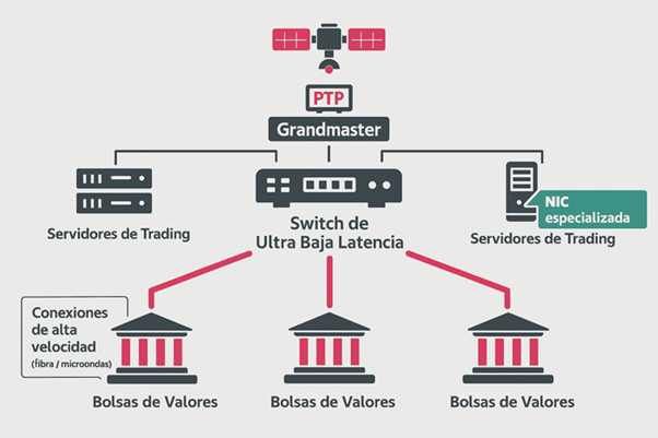 Infografía de la arquitectura de red para trading de alta frecuencia